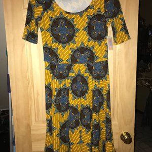 Gold Yellow Blue Green Medallion Nicole Dress L A-line Short Sleeved Boho 14-16